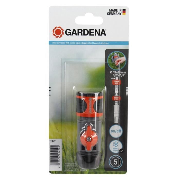 GARDENA Raccord régulateur Compatible tuyaux Ø13mm & Ø15mm Réglage débit & pression Résistant gel Garantie 5 ans (2942-20)