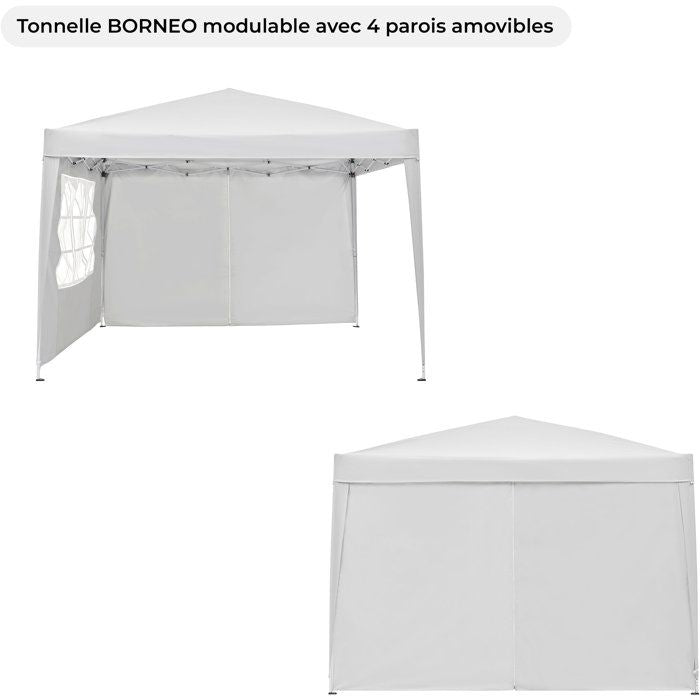 Tonnelle de jardin pliante - Cadre blanc et toile écru - 3 x 3 m - 4 parois - Sac de transport