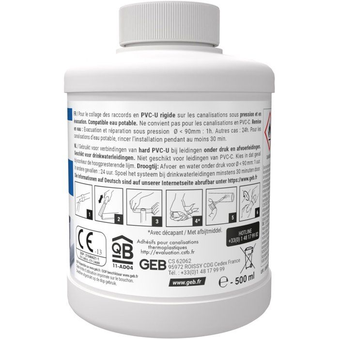 Colle PVC Gel Plus - GEB - Pour PVC rigide pression et évacuation - 500 ml