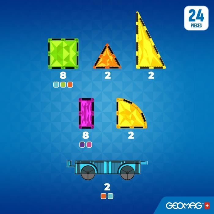 Tuiles magnétiques - GEOMAG - Tiles Gems Vehicles - 24 pieces - Effet cristal - Des 3 ans