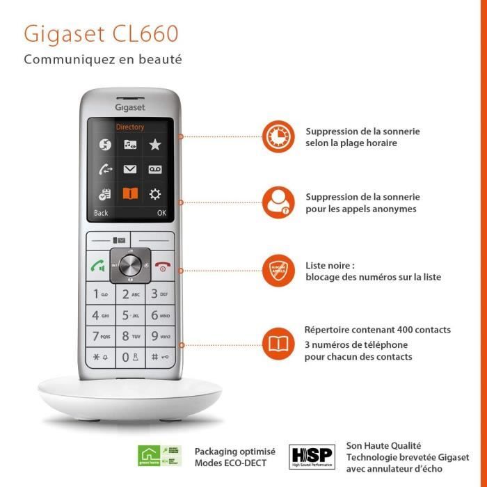 Téléphone Fixe GIGASET CL 660 Blanc - Écran couleur rétroéclairé - Répertoire 400 contacts - Mains libres
