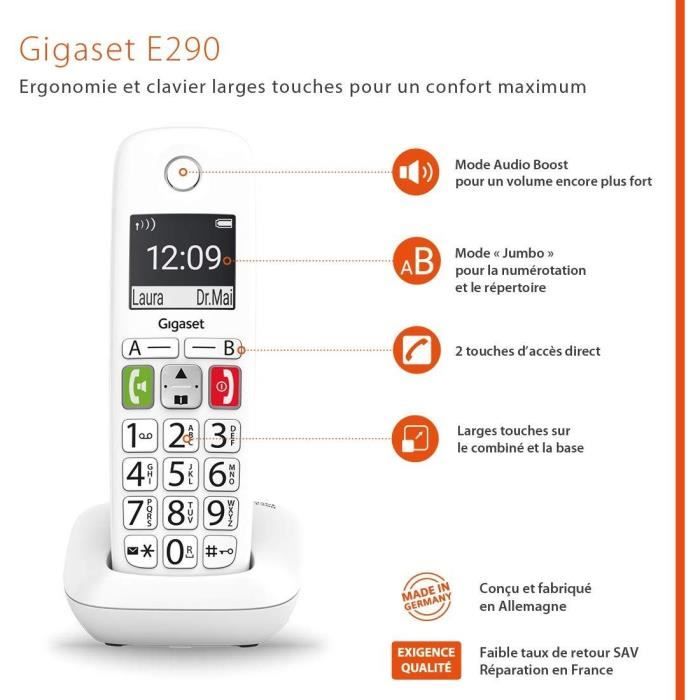 Téléphone Fixe sans Fil - GIGASET - E290 Duo Blanc - Grand écran - Larges touches - Audio Boost