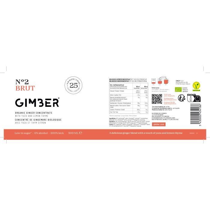 Gimber - N°2 - Brut - Concentré de gingembre biologique avec yuzu et thym citron - 500ml