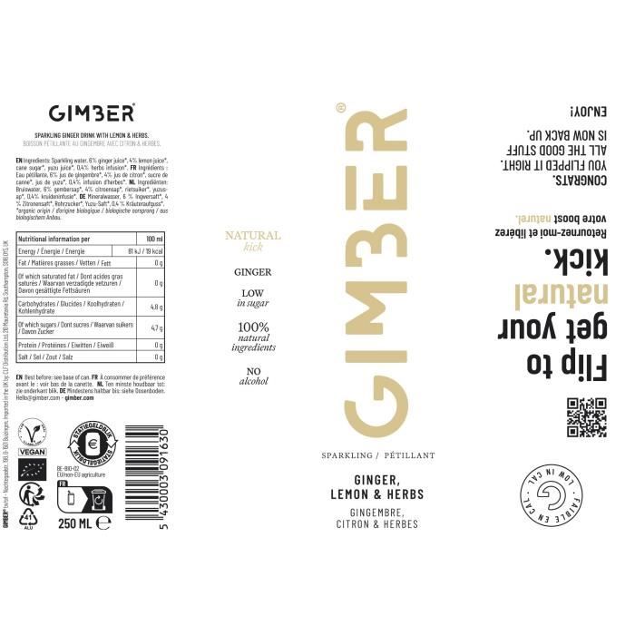 Gimber - Original - Pret-a-boire - Canette - Gingembre, citron et herbes - 12 x 250ml