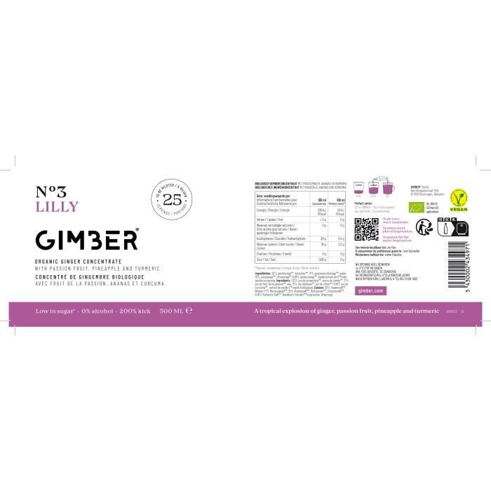 Gimber - N°3 - Lilly - Concentré de gingembre biologique avec fruit de la passion, ananas et curcuma - 500ml