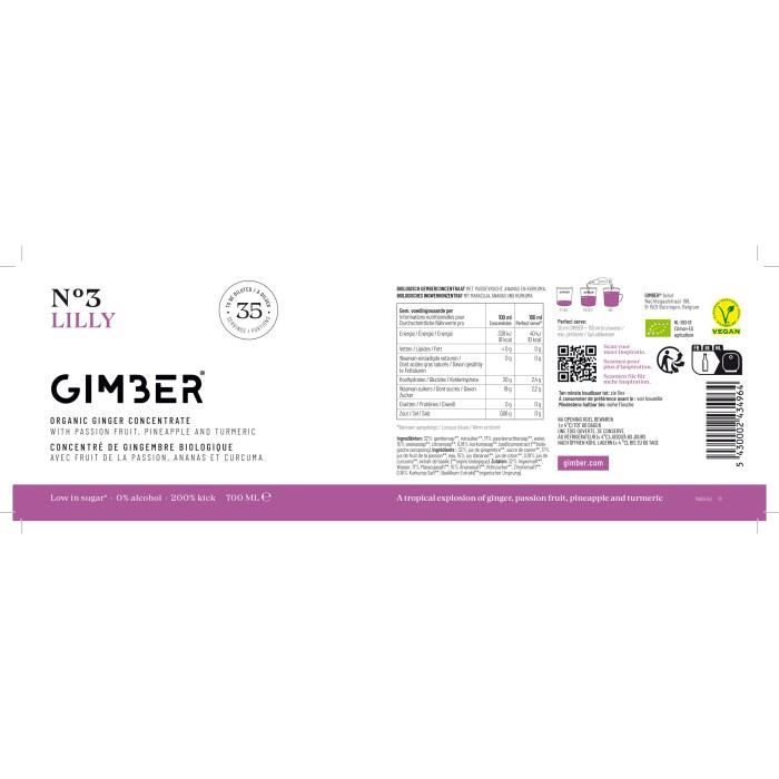 Gimber - N°3 - Lilly - Concentré de gingembre biologique avec fruit de la passion, ananas et curcuma - 700ml