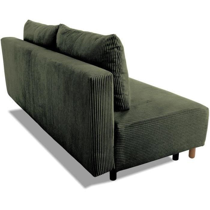 Canapé droit convertible 3 places GINO - Velours côtelé kaki - Avec coffre - L 195 x H 89 x P 91 cm