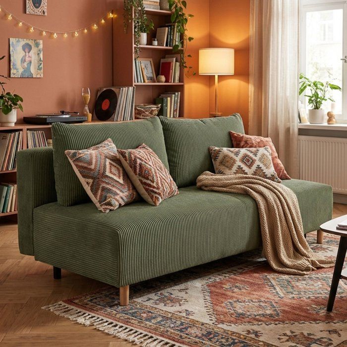 Canapé droit convertible 3 places GINO - Velours côtelé kaki - Avec coffre - L 195 x H 89 x P 91 cm