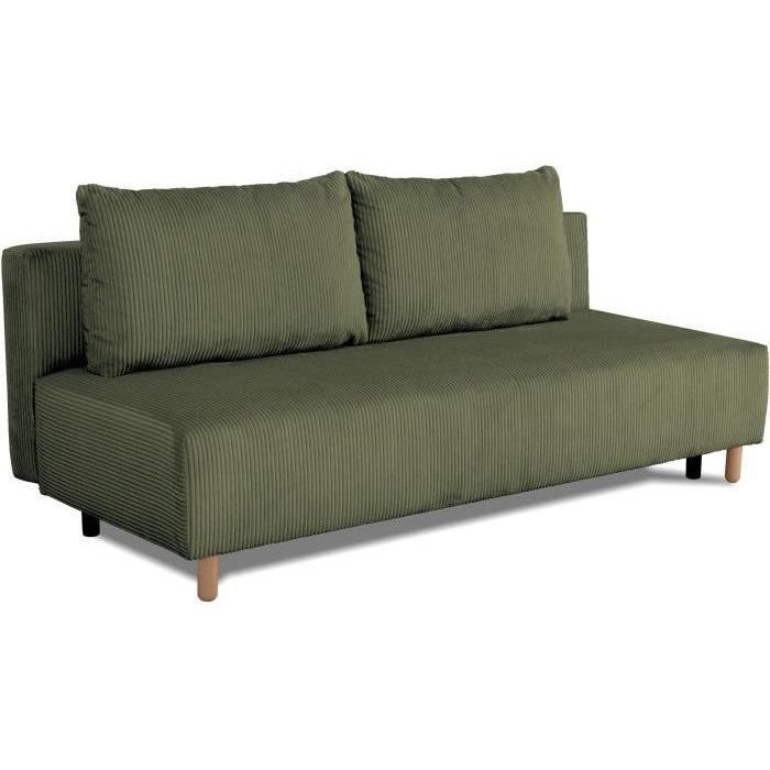 Canapé droit convertible 3 places GINO - Velours côtelé kaki - Avec coffre - L 195 x H 89 x P 91 cm