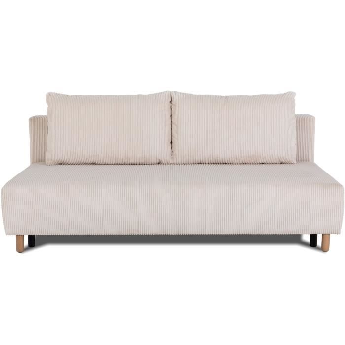 Canapé droit convertible 3 places GINO - Velours côtelé beige - Avec coffre - L 195 x H 89 x P 91 cm