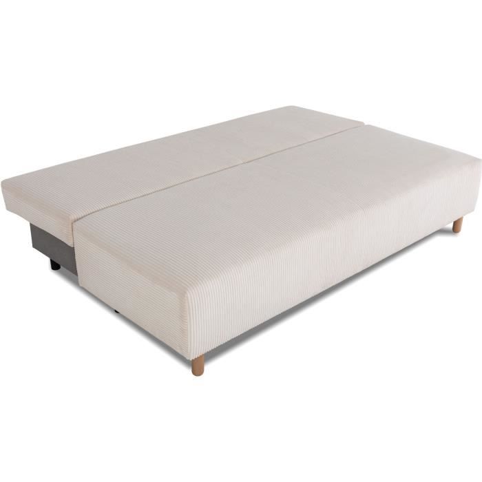 Canapé droit convertible 3 places GINO - Velours côtelé beige - Avec coffre - L 195 x H 89 x P 91 cm