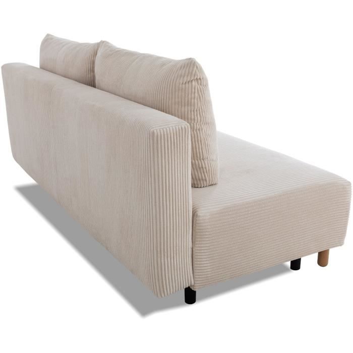 Canapé droit convertible 3 places GINO - Velours côtelé beige - Avec coffre - L 195 x H 89 x P 91 cm