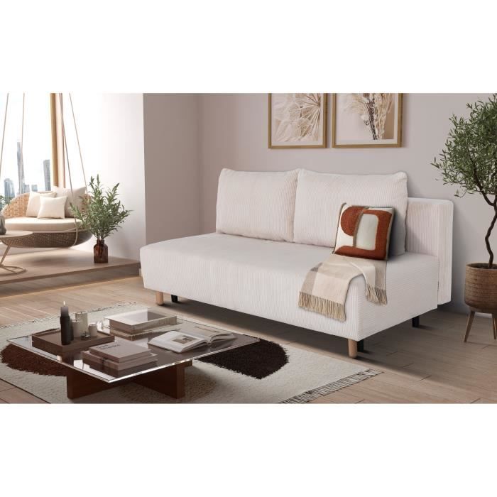 Canapé droit convertible 3 places GINO - Velours côtelé beige - Avec coffre - L 195 x H 89 x P 91 cm