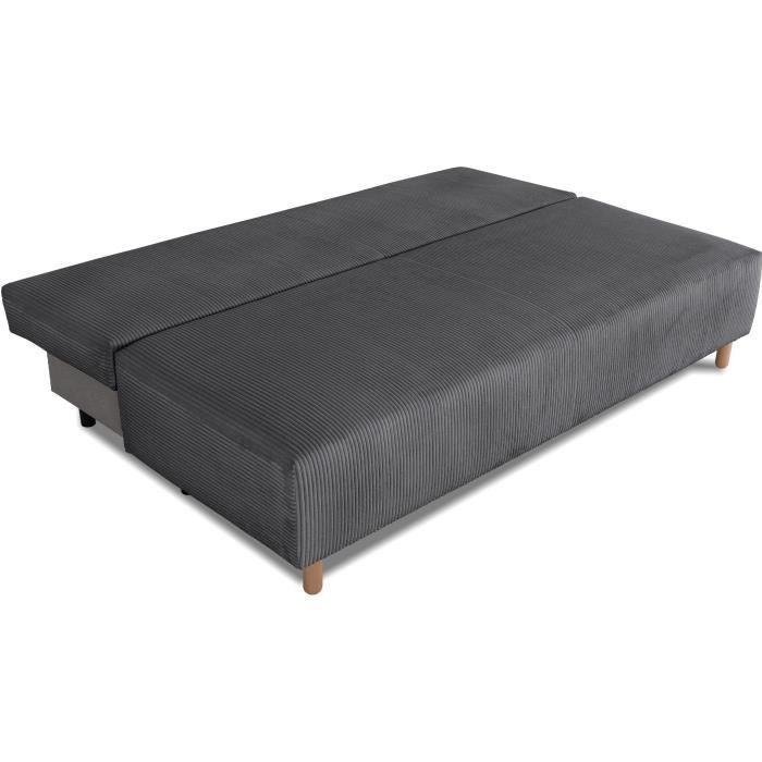 Canapé droit convertible 3 places GINO - Velours côtelé anthracite - Avec coffre - L 195 x H 89 x P 91 cm