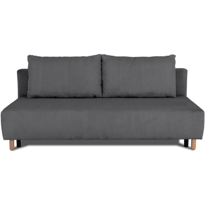 Canapé droit convertible 3 places GINO - Velours côtelé anthracite - Avec coffre - L 195 x H 89 x P 91 cm