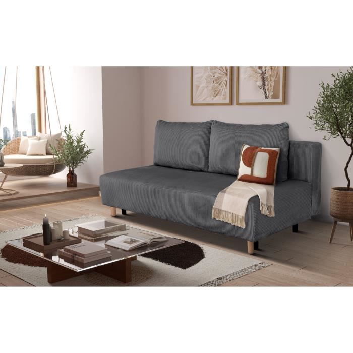 Canapé droit convertible 3 places GINO - Velours côtelé anthracite - Avec coffre - L 195 x H 89 x P 91 cm