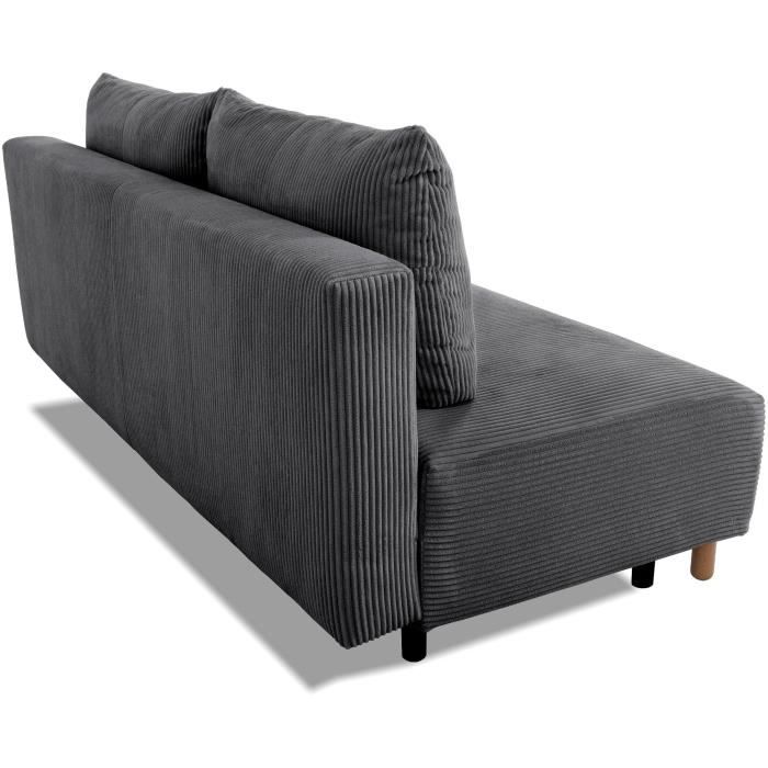 Canapé droit convertible 3 places GINO - Velours côtelé anthracite - Avec coffre - L 195 x H 89 x P 91 cm