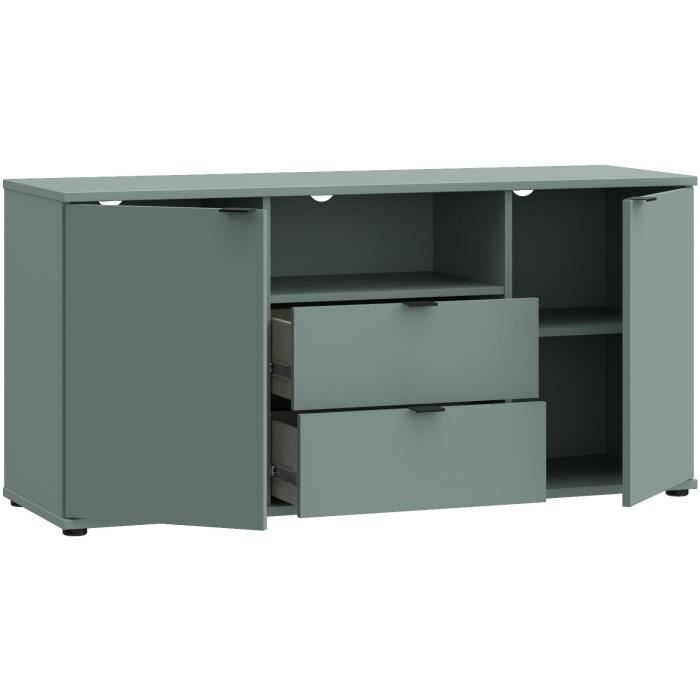 Meuble TV - GANYMEDE - Sauge - 2 portes, 2 tiroirs, 1 niche - 129,8 x 41,3 x 63,1 cm