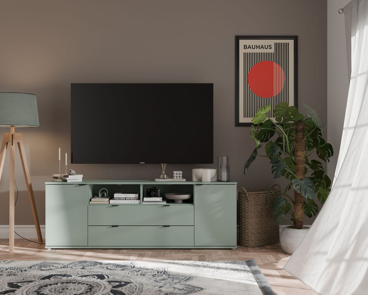 Meuble TV - GANYMEDE - Sauge - 2 portes, 2 tiroirs, 2 niches - 179,8 x 41,3 x 63,1 cm