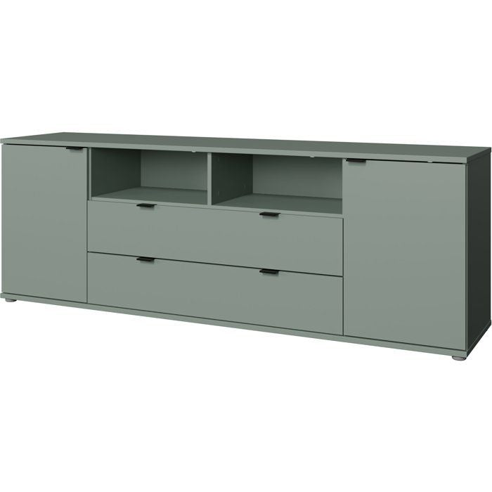 Meuble TV - GANYMEDE - Sauge - 2 portes, 2 tiroirs, 2 niches - 179,8 x 41,3 x 63,1 cm