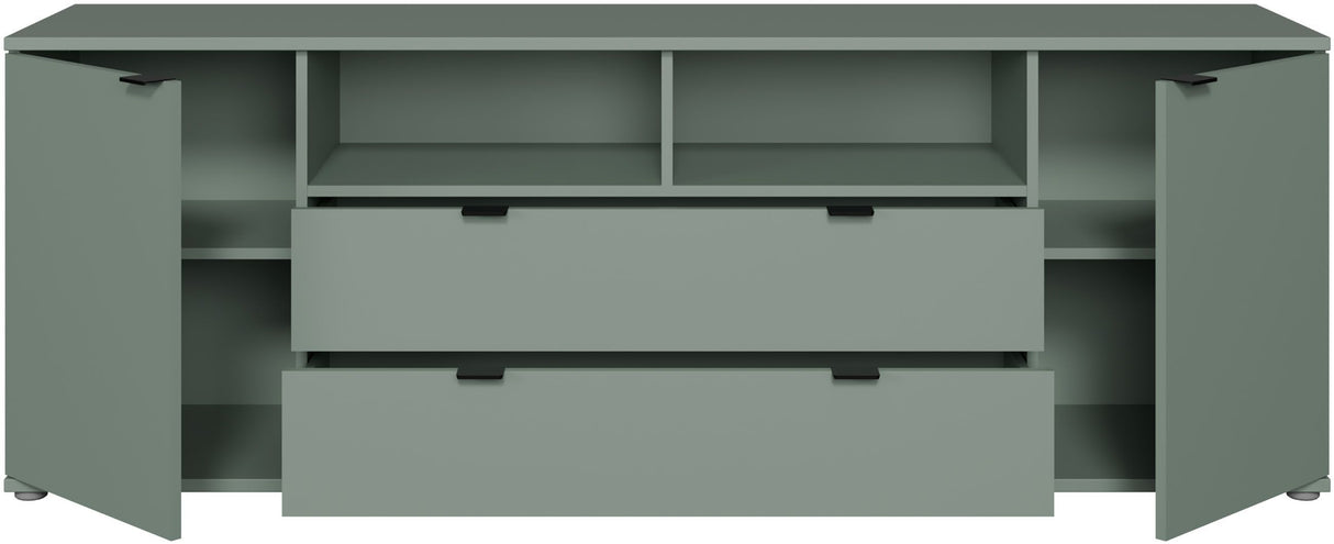 Meuble TV - GANYMEDE - Sauge - 2 portes, 2 tiroirs, 2 niches - 179,8 x 41,3 x 63,1 cm