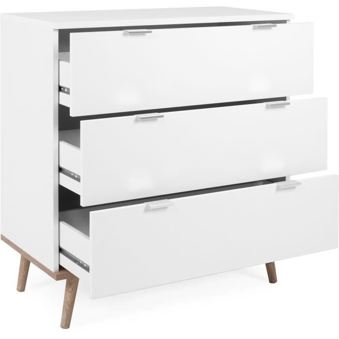 Commode Göteborg - 3 tiroirs - Décor blanc et chene - Style scandinave - L 79,8 x P 40 x H 86,5 cm
