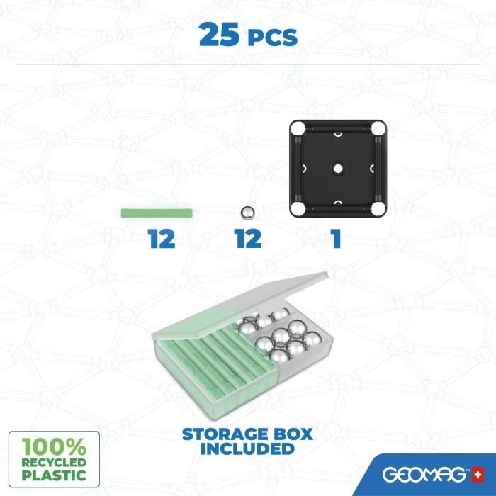 Coffret de construction - GEOMAG - Glow Recycled - 25 pieces - Luminescent - Magnétique - Plastique recyclé