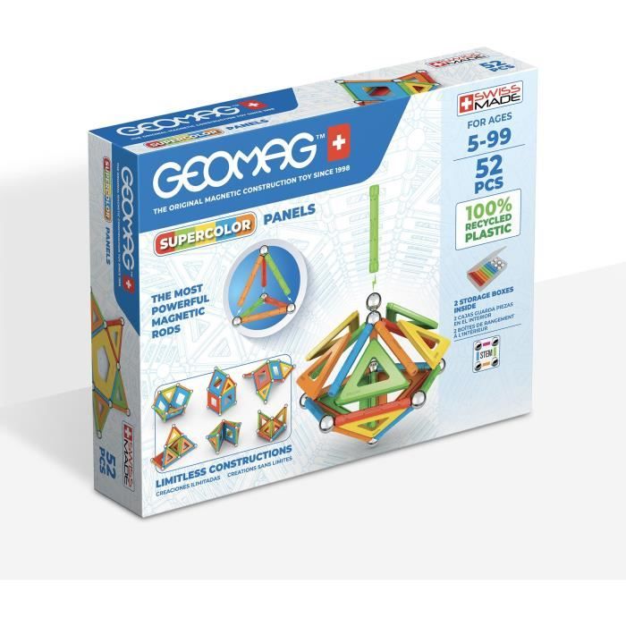 Jeu de construction magnétique - GEOMAG - Supercolor Panels Recycled 52 pieces - Jouet éducatif - 3D - Durable