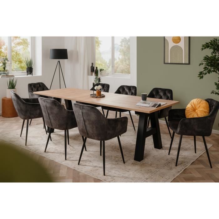 Table a manger GRANADA extensible - Style Industriel - 6/10 personnes - 2 rallonges 40 cm - L 157/237 x P 90 x H 75 cm - Chene/Noir