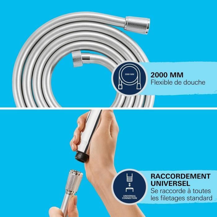 Flexible de douche - GROHE VitalioFlex 27507001 - 2m - Anti-pliures - Anti-torsion - Connexion universelle - Surface lisse - Chromé