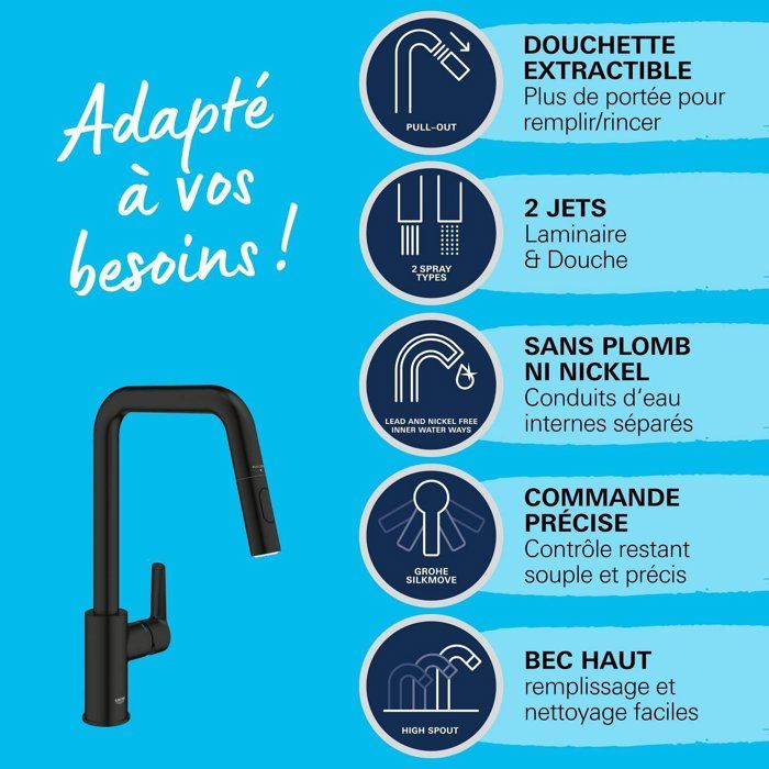 Robinet de cuisine avec douchette GROHE Start bec haut noir mat 2 jets