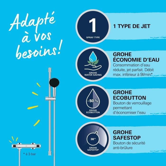 Ensemble de douche - 1 jet - Mitigeur thermostatique - GROHE - 34805001 - Gris