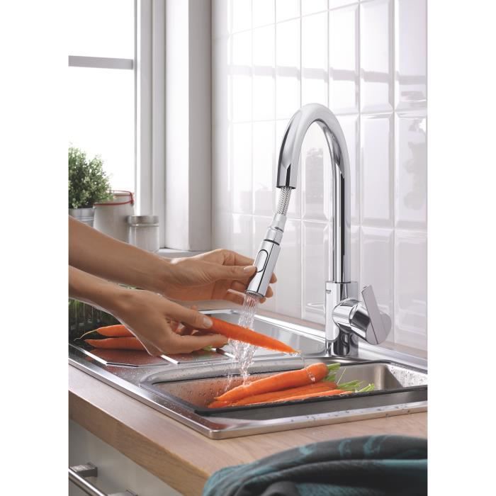 GROHE Robinet de cuisine évier Feel, douchette extractible, rotation 360°, bec en U, inverseur 2 jets, mitigeur cuisine 31486001