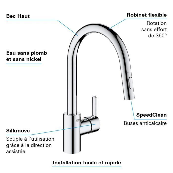 GROHE Robinet de cuisine évier Feel, douchette extractible, rotation 360°, bec en U, inverseur 2 jets, mitigeur cuisine 31486001