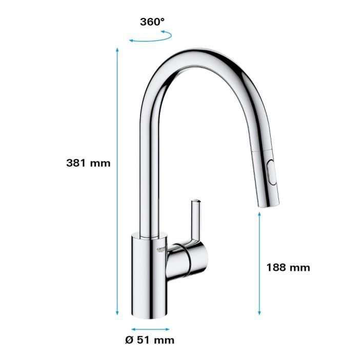 GROHE Robinet de cuisine évier Feel, douchette extractible, rotation 360°, bec en U, inverseur 2 jets, mitigeur cuisine 31486001