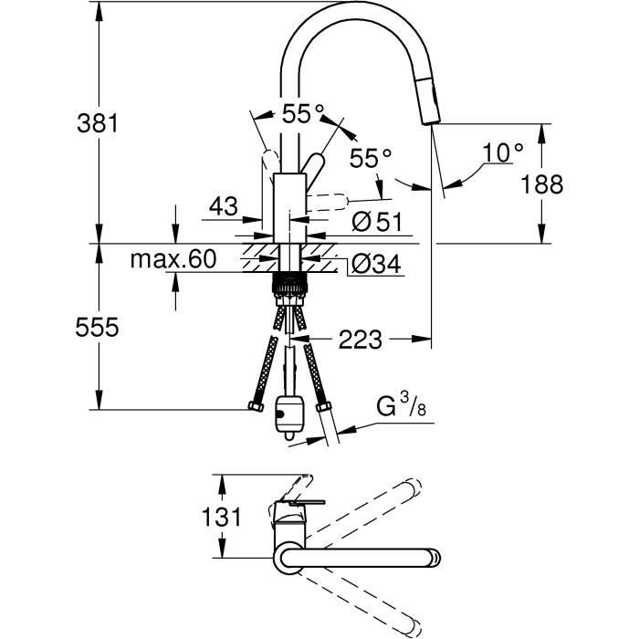 GROHE Robinet de cuisine Èvier Get, robinet avec douchette extractible, bec en forme de U, inverseur 2 jets, Supersteel, 31484001