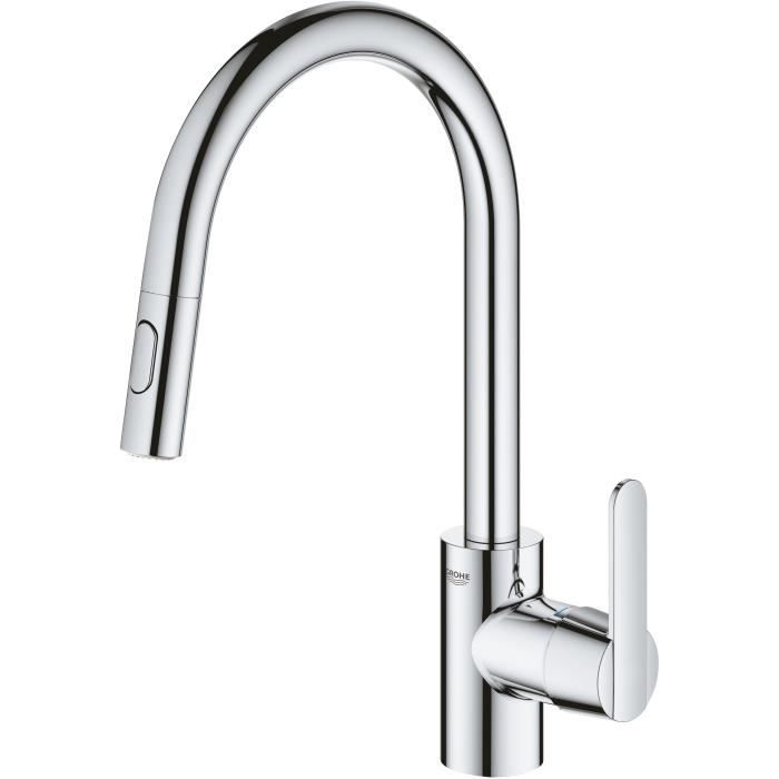 GROHE Robinet de cuisine Èvier Get, robinet avec douchette extractible, bec en forme de U, inverseur 2 jets, Supersteel, 31484001