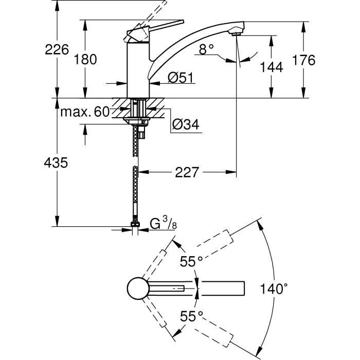 GROHE Robinet évier de cuisine Swift, Mitigeur monocommande avec mousseur économique d'eau, rotation a 140°, 30358000