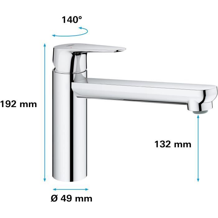 GROHE Robinet évier de cuisine Start curve, mousseur économique d'eau, sans tirette de vidage, bonde de vidage incluses, 31717000