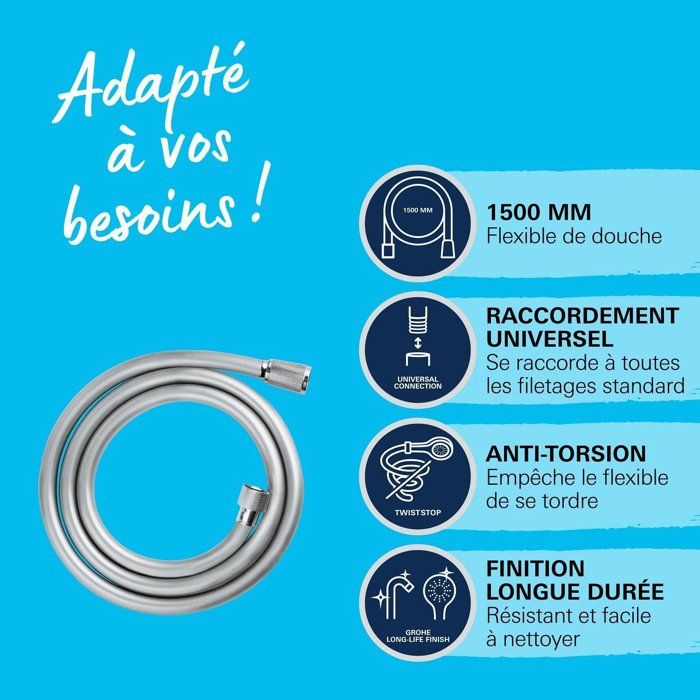 Flexible de douche - GROHE VitalioFlex 28743002 - 1,5m - Anti-pliures et torsion - Connexion universelle - Surface lisse - Chromé