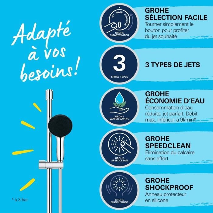 Ensemble de douche avec pommeau 3 jets, barre et flexible - GROHE Vitalio Start 110 26032001 - Sélection facile - Economie d'eau