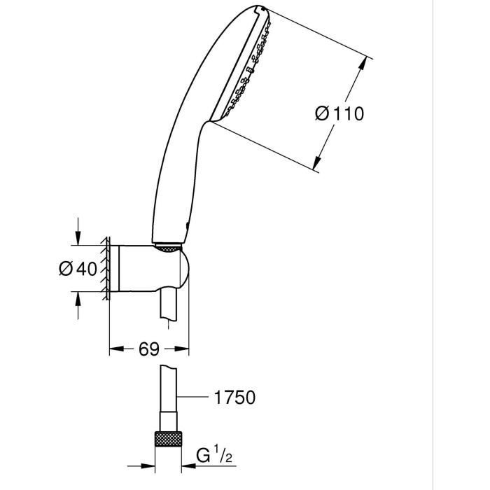 Ensemble de douche avec pommeau 1 jet Pluie, support et flexible 1,75m - GROHE Vitalio Start 110 27944001 - Economie d'eau