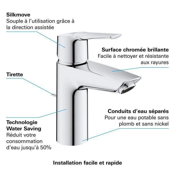 Mitigeur monocommande Lavabo GROHE QUICKFIX Start - Chromé - Economie d'eau - Installation facile