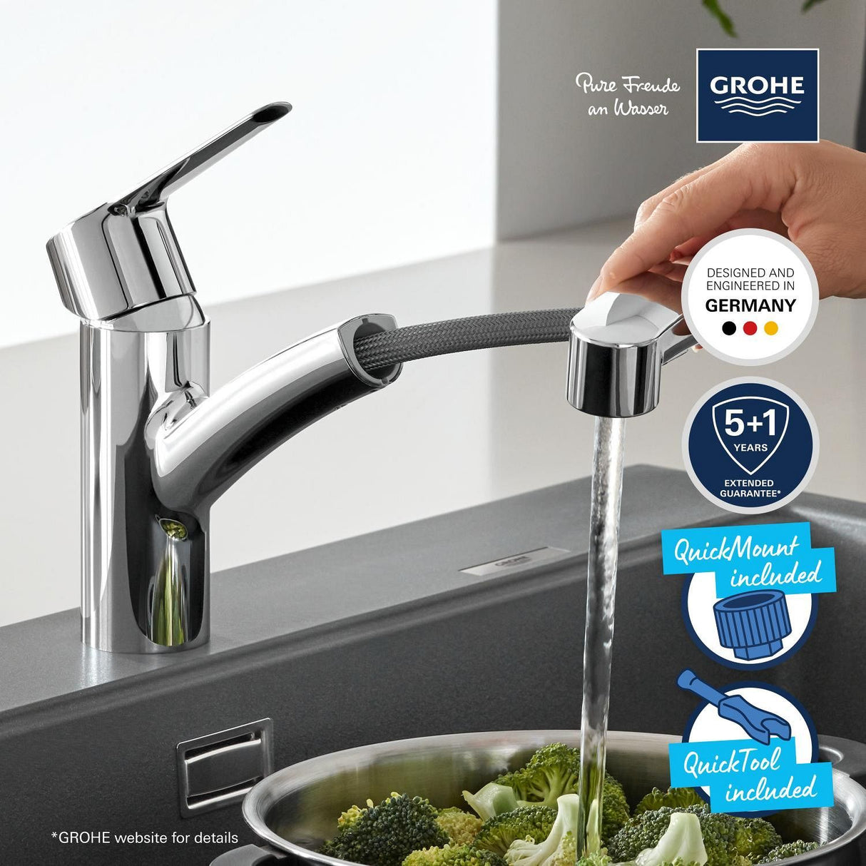 GROHE QUICKFIX Start Robinet de cuisine évier, douchette extractible, inverseur 2 jets, rotation 90°, 30531001