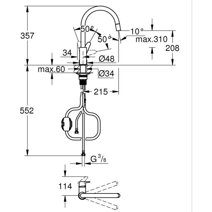 Robinet de cuisine - Chromé - Bec haut en C - Mousseur extractible - Rotation 360 - Limiteur de débit - GROHE Start Curve -