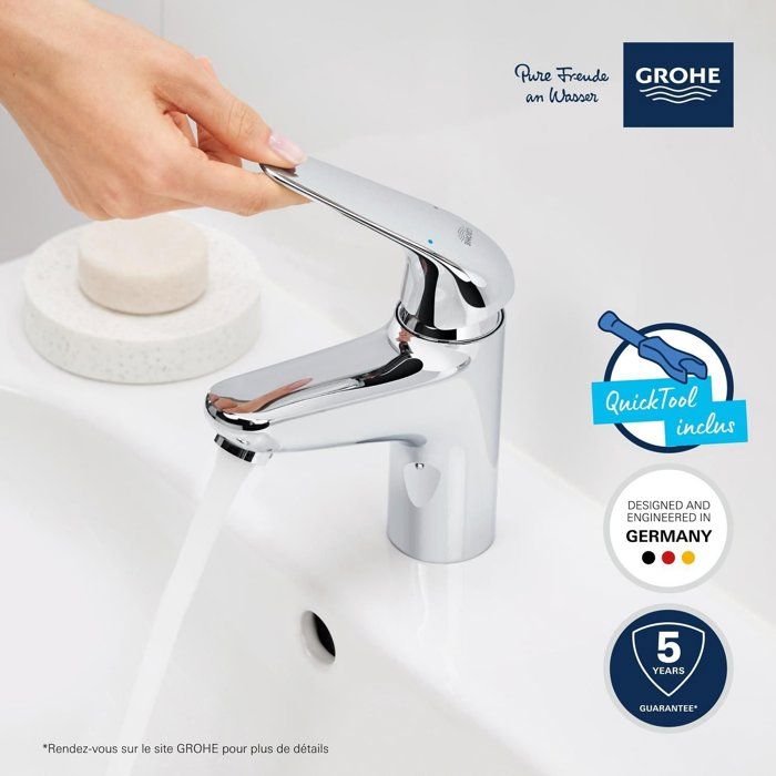Mitigeur monocommande lavabo - GROHE Swift - 24328001 - Chromé - Taille M - Ouverture Eau Froide - Economie d'eau -Tirette et vidage