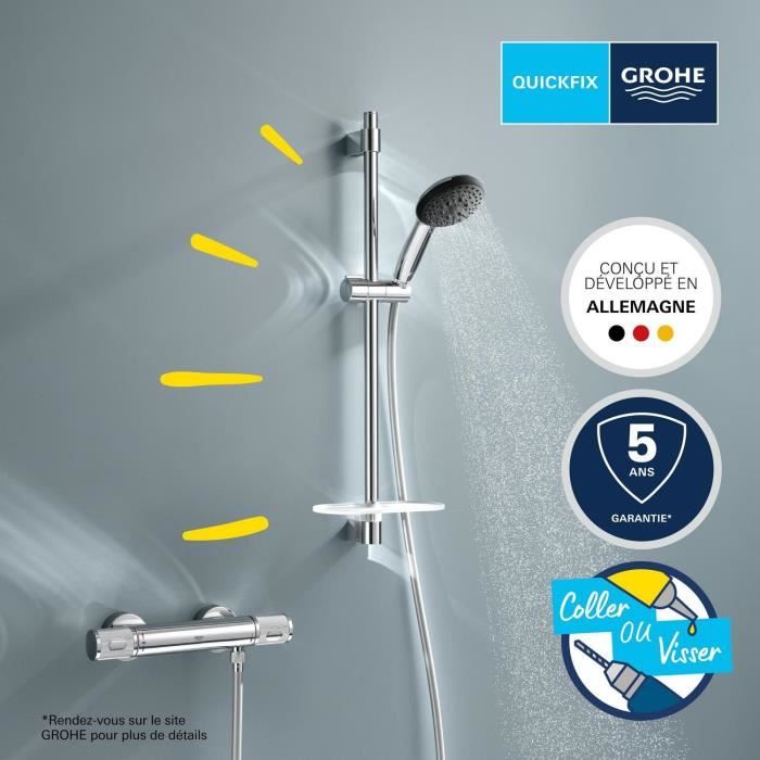 Ensemble de douche avec mitigeur thermostatique, pommeau 3 jets, barre 60cm et flexible - GROHE 34791001 - Economie d'eau - Chromé