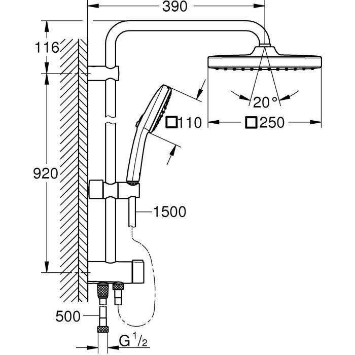 Colonne de douche avec inverseur manuel - Economie d'eau - GROHE Vitalio Comfort 250 - Chromé - 26986001