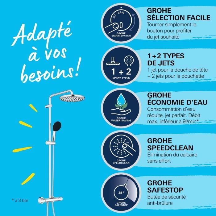 Colonne de douche avec mitigeur thermostatique - Economie d'eau - GROHE Vitalio Start System 250 - Chromé - 26677001