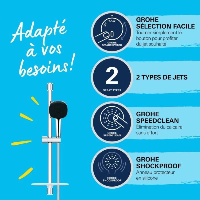 Ensemble de douche avec pommeau 2 jets, barre, flexible et tablette - GROHE Vitalio Comfort 110 26929001 - Economie d'eau - Chromé